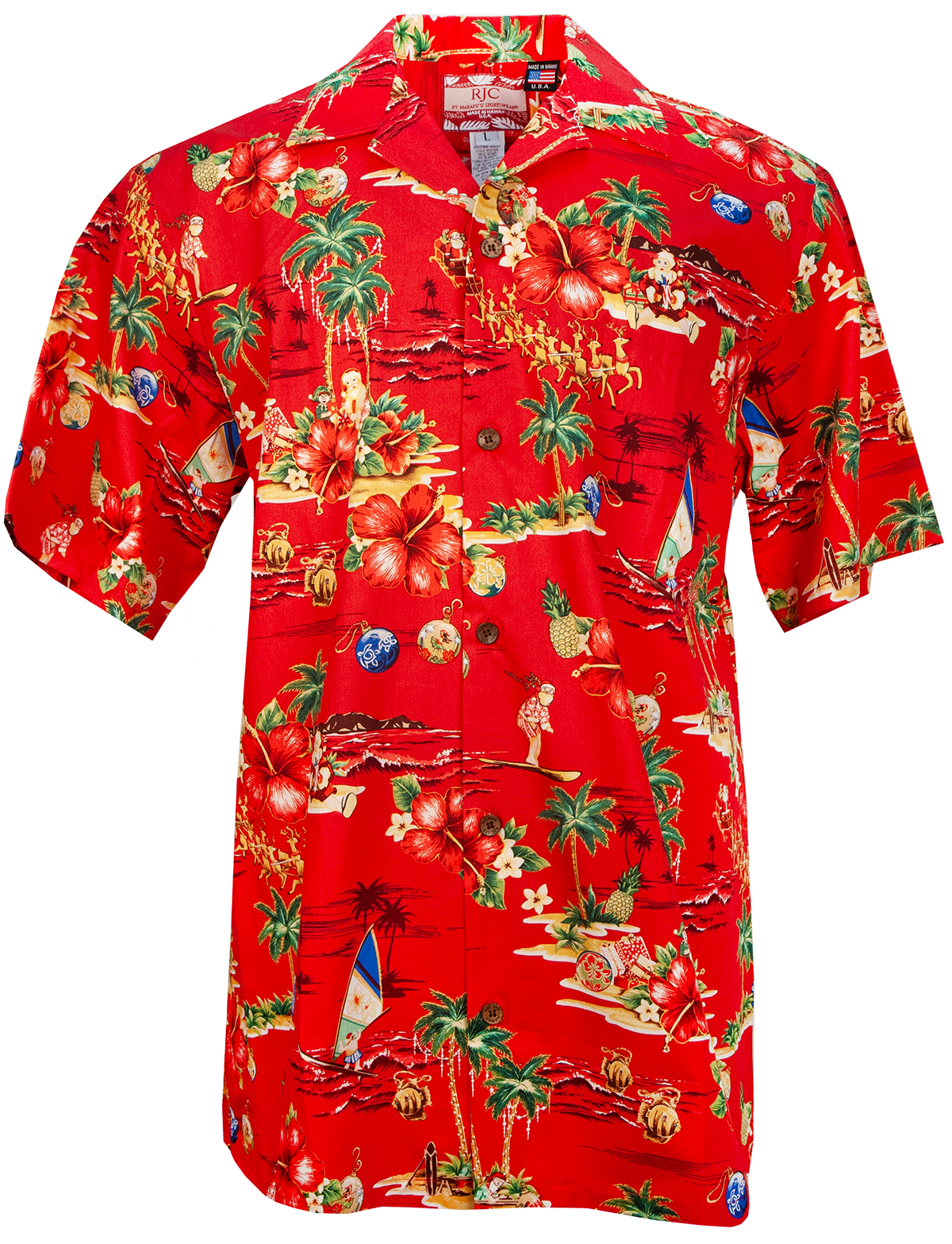 Santa's Tropical Vacation Mens Christmas Shirt in Red