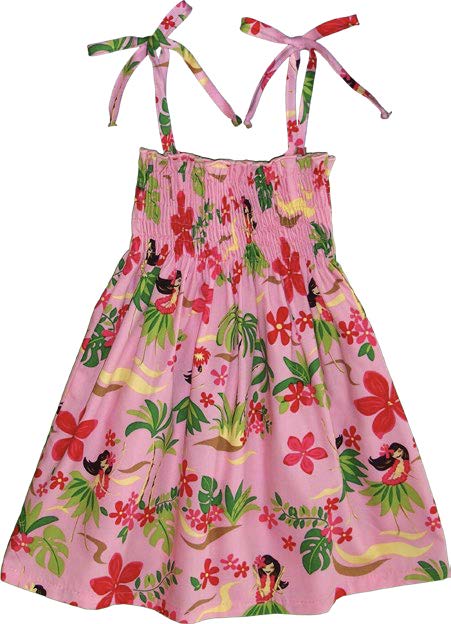 Hula Girl Girls Tropical Tie Strap Smocked Dress in Pink