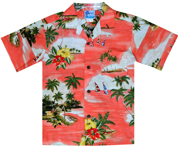 Island Sunset Boys Tropical Hawaiian Aloha Shirt in Coral
