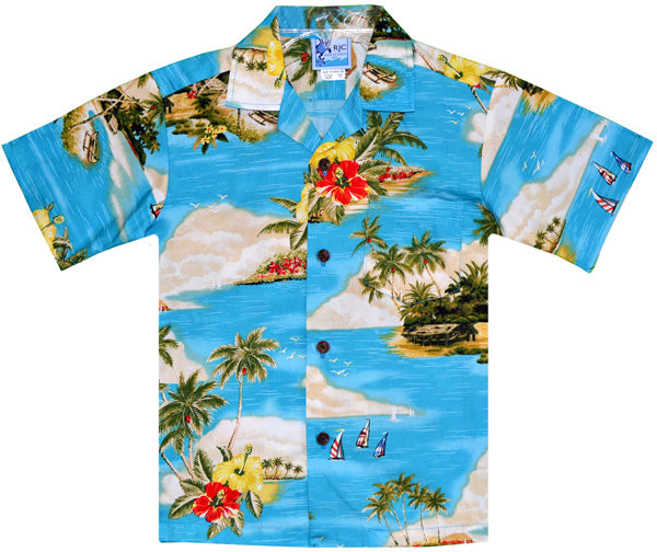 Island Sunset Boys Tropical Hawaiian Aloha Shirt in Turquoise
