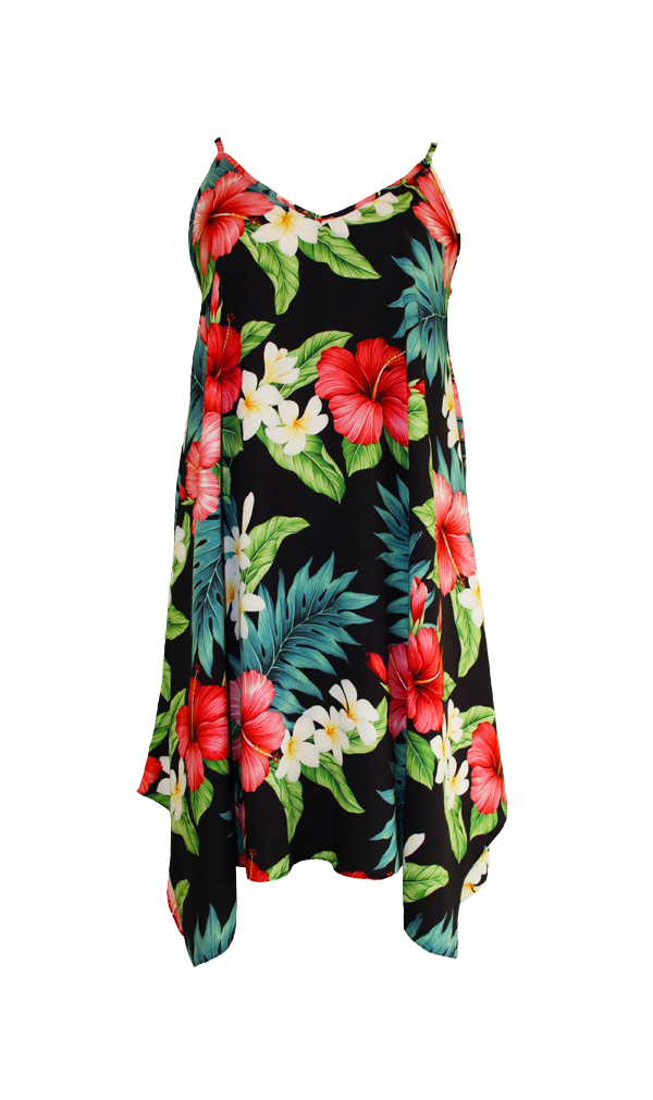 Hibiscus Tropics Ladies Hawaiian V Neck Scarf Hem Dress in Black