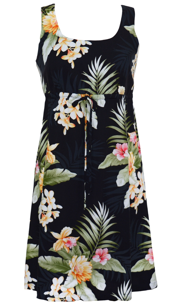 Tropical Floral Ladies Tropical Hawaiian Aloha Tie Front Dress Black