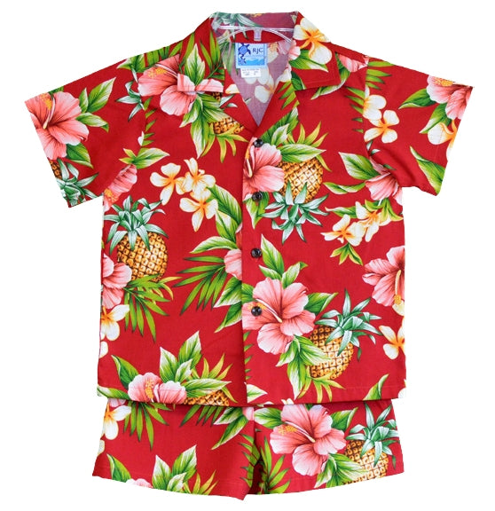 Pineapple Party Boys 2 Piece Tropical Hawaiian Aloha Cabana set in Red