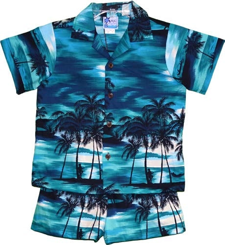 Evening Palms Boys 2 Piece Tropical Hawaiian Aloha Cabana set in Turquoise
