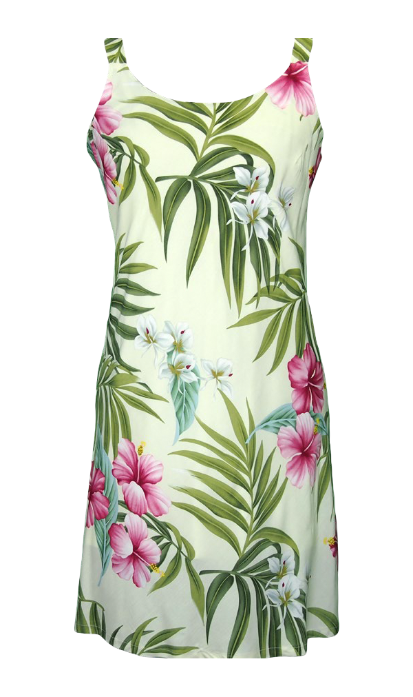 Pink Hibiscus Rayon Bias Cut Hawaiian Dress in Beige