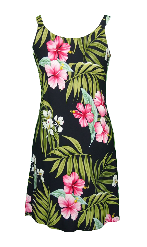 Pink Hibiscus Rayon Bias Cut Hawaiian Dress in Black
