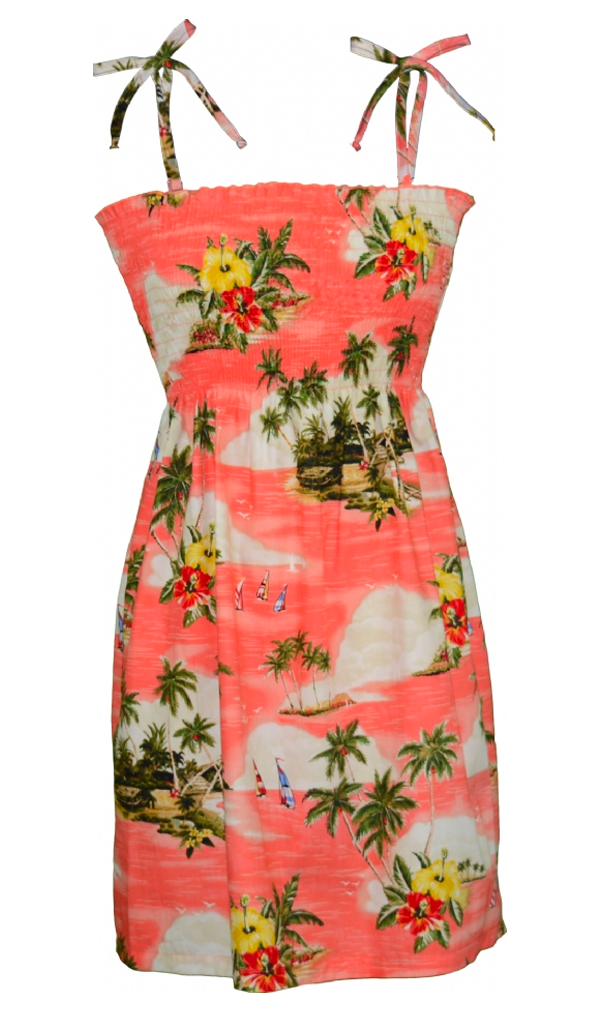 Island Sunset Ladies Smocked Tube Hawaiian Dress in Coral