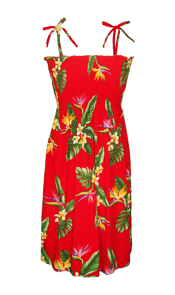 BOP Plumeria Ladies Smocked Tube Hawaiian Aloha Dress Red