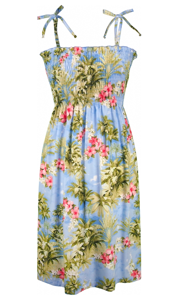 Paradise Jungle Ladies Smocked Tube Hawaiian Aloha Dress in Blue