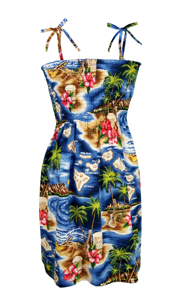 Palm Isle Smocked Tube Hawaiian Dress Navy