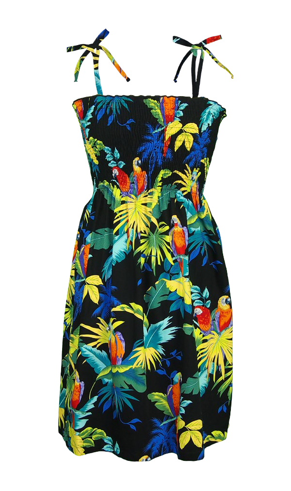 Paradise Parrots Smocked Tube Hawaiian Dress in Black