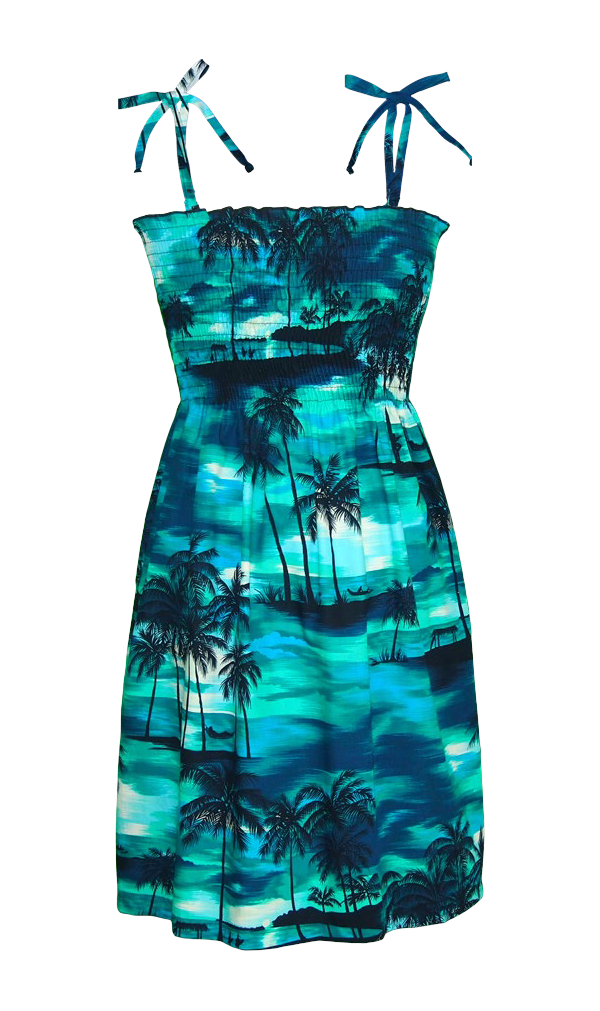 Evening Palms Smocked Tube Hawaiian Dress in Turquoise