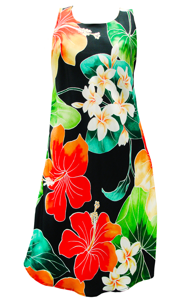 Full Bloom Tropical Print Tank Hawaiian Aloha Dress in Black
