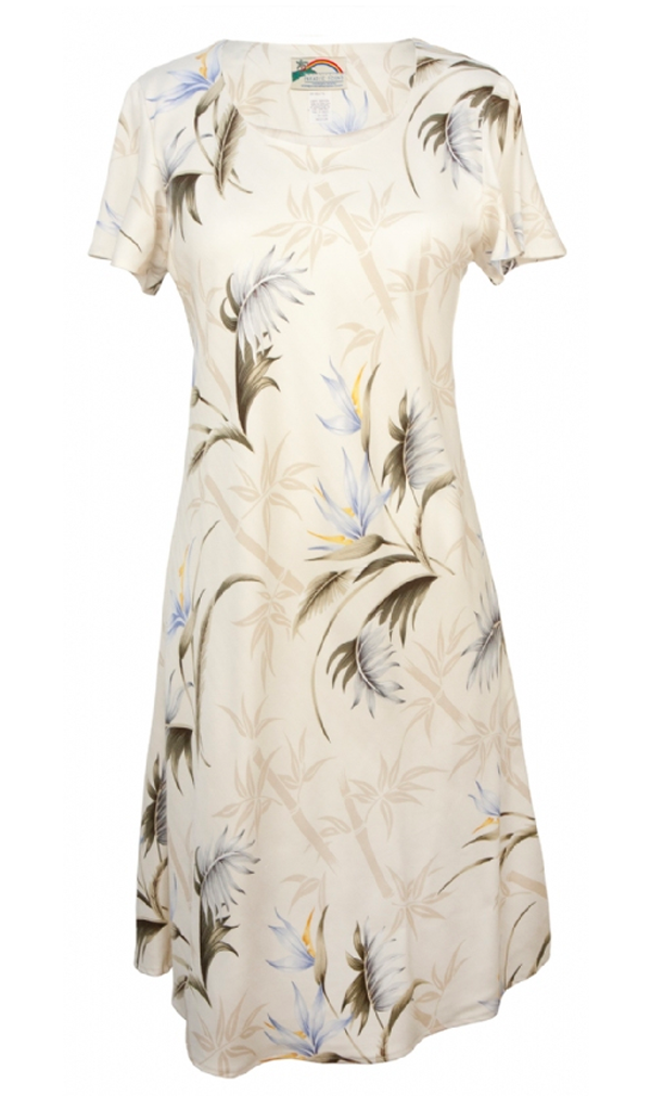 Bamboo Paradise Tropical Cap Sleeve Hawaiian Dress in Cream