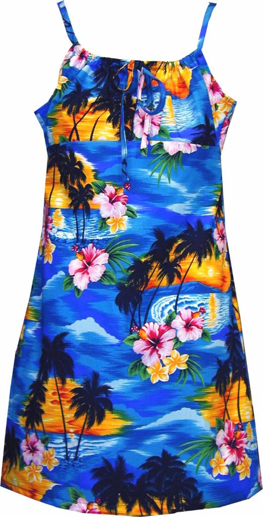 Tropical Paradise Girls Tropical Print Spaghetti Strap Dress in Blue