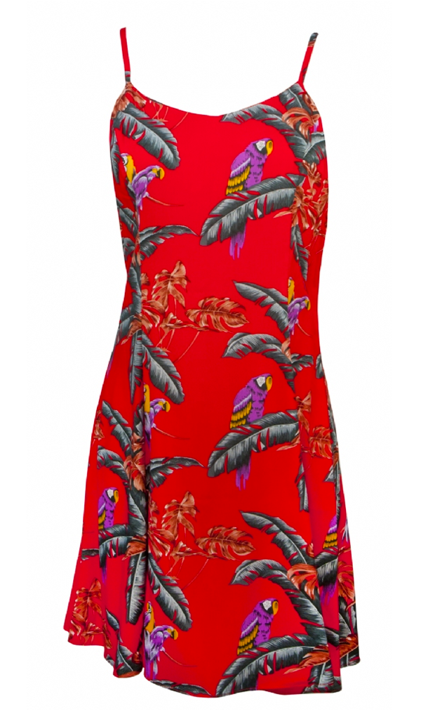 Jungle Bird Hawaiian Print Spaghetti Strap Dress in Red