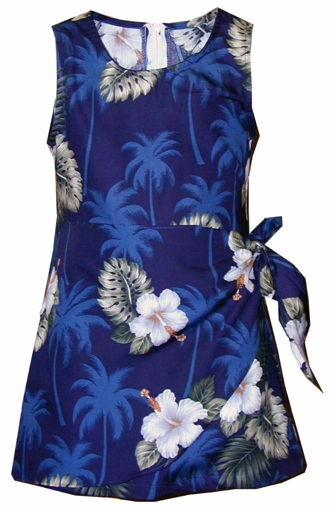 Hibiscus Floral Girls Tropical Print Sarong Dress in Navy