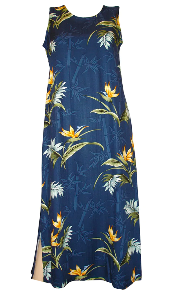 Bamboo Paradise Tropical Print Long Tank Hawaiian Aloha Dress in Navy