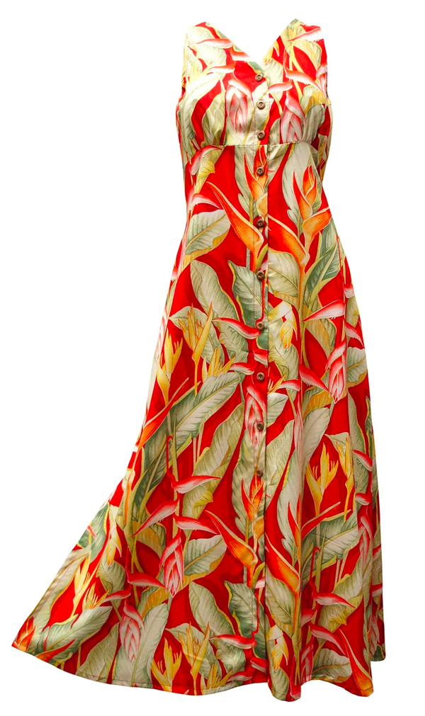 Heliconia Tropical Print Long Tank Hawaiian Aloha Dress in Red