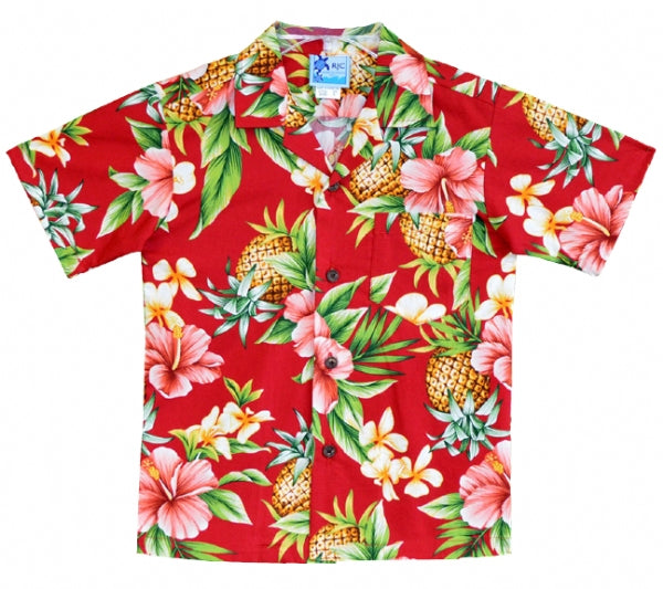 Pineapple Party Boys Tropical Hawaiian Aloha Shirt in Red
