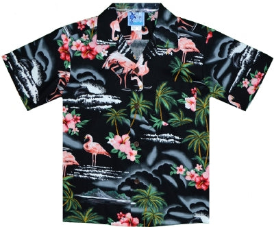 Pink Flamingo Boys Tropical Hawaiian Aloha Shirt in Black