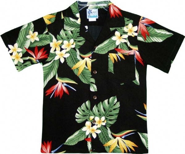 BOP Plumeria Boys Tropical Hawaiian Aloha Shirt in Black