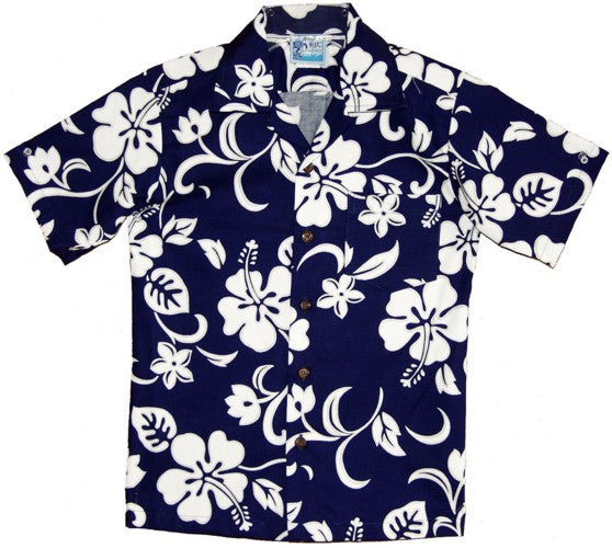 Hibiscus Paradise Boys Tropical Hawaiian Aloha Shirt in Royal
