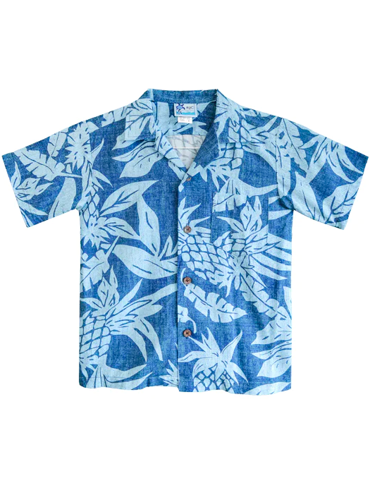 Pineapple Twist Boys Tropical Hawaiian Aloha Shirt in Blue 14 / Blue