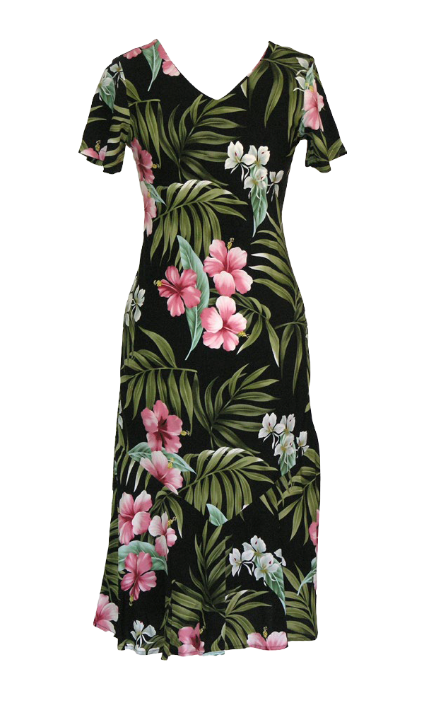 Pink Hibiscus Ladies Rayon Bias Cut VNeck Hawaiian Aloha Dress Black
