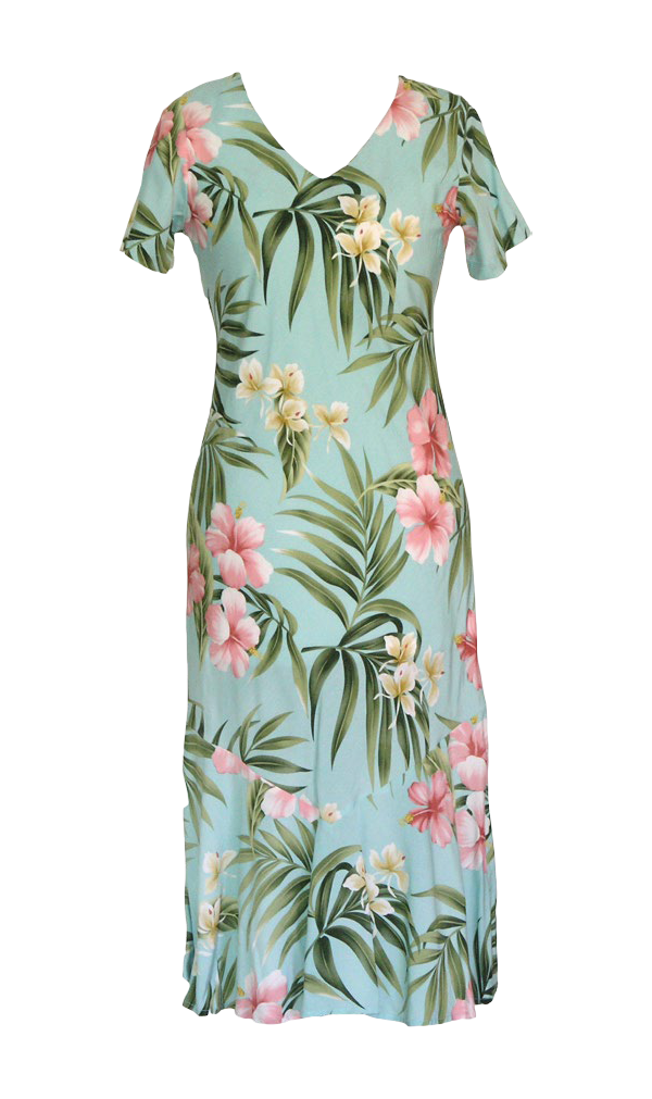 Pink Hibiscus Ladies Rayon Bias Cut VNeck Hawaiian Aloha Dress Aqua