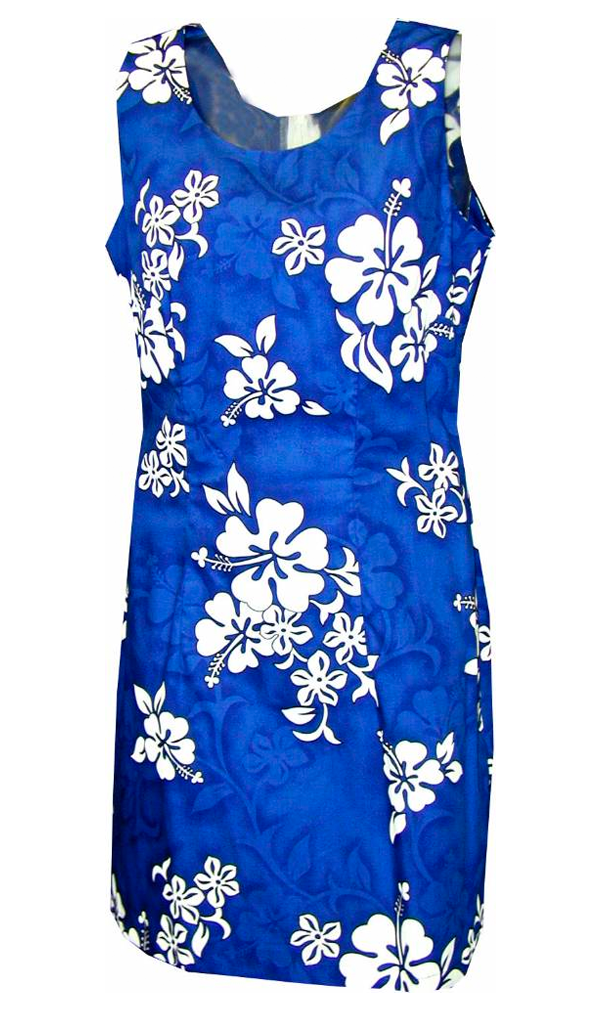 White Hibiscus Ladies Tropical Print Tank Dress Blue