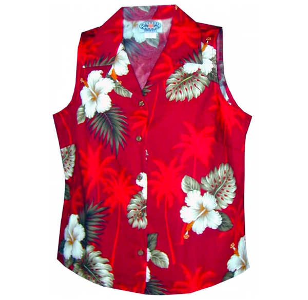 Hibiscus Floral Ladies Sleeveless Shirt in Red