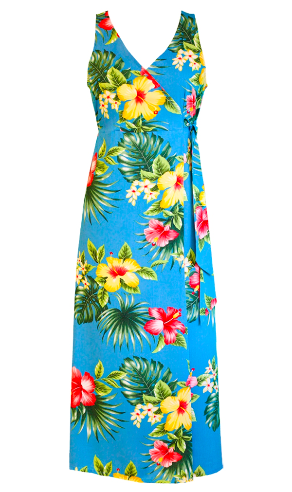 Hibiscus Bay Ladies Hawaiian V-Neck Faux Wrap Tea Length Dress in Blue