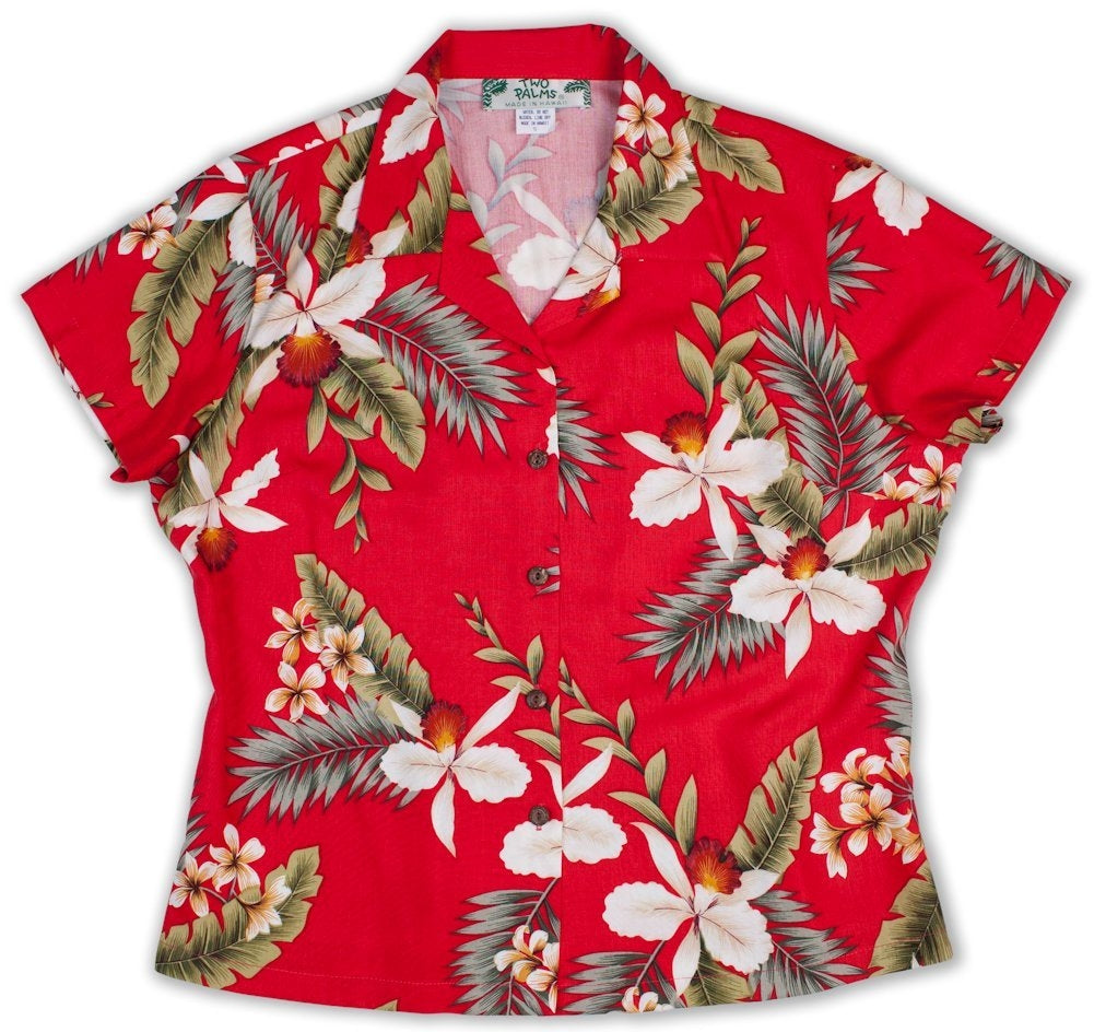 Hawaiian Orchid Ladies Fitted Hawaiian Aloha Shirt in Red