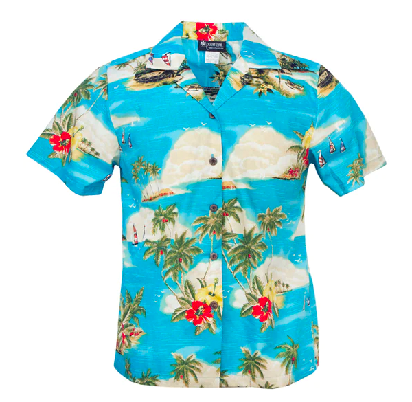 Island Sunset Ladies Hawaiian Aloha Camp Shirt in Turquoise
