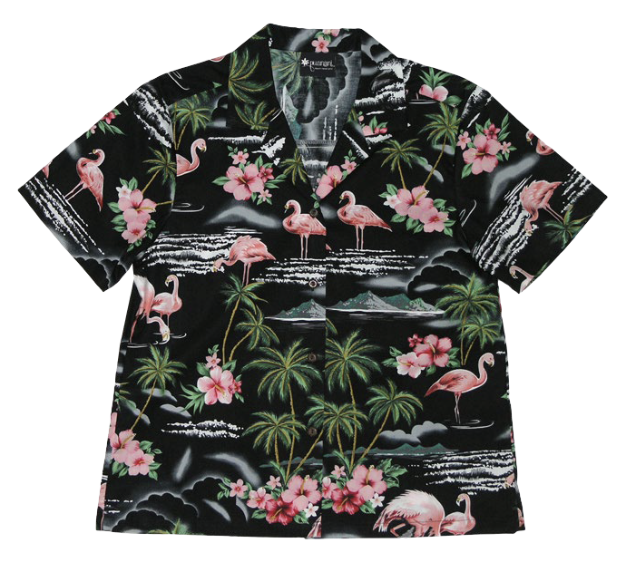 Pink Flamingo Ladies Tropical Hawaiian Aloha Camp Shirt in Black