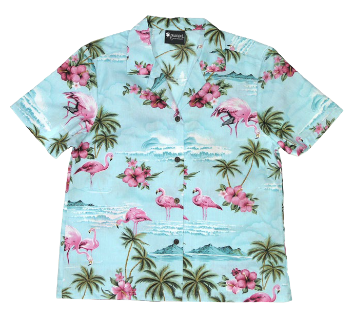 Pink Flamingo Ladies Tropical Hawaiian Aloha Camp Shirt in Blue