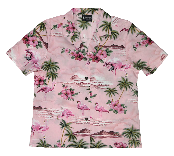 Pink Flamingo Ladies Tropical Hawaiian Aloha Camp Shirt in Pink