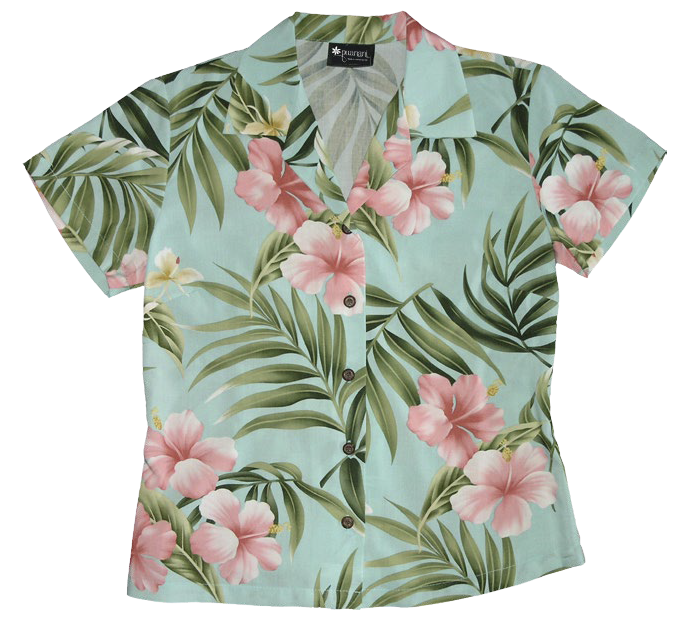 Pink Hibiscus Ladies Fitted Aloha Shirt in Aqua