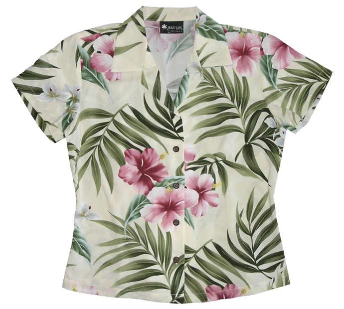 Pink Hibiscus Ladies Fitted Aloha Shirt in Beige