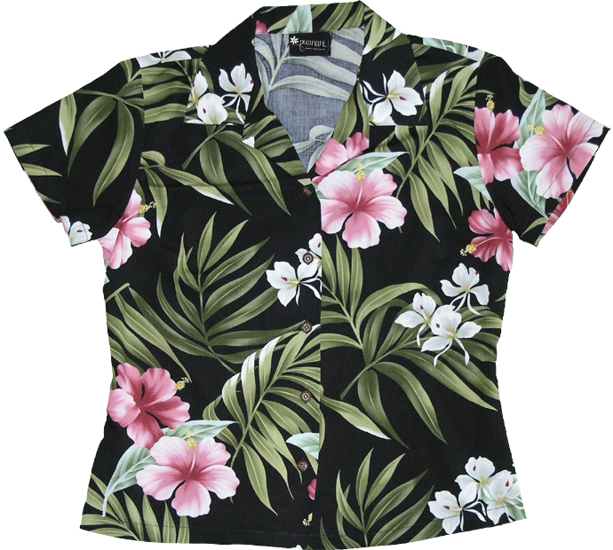 Pink Hibiscus Ladies Fitted Aloha Shirt in Black