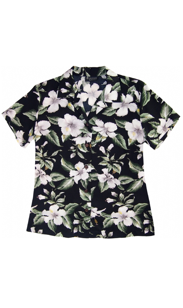 Hibiscus Lanaii Ladies Fitted Aloha Shirt in Black
