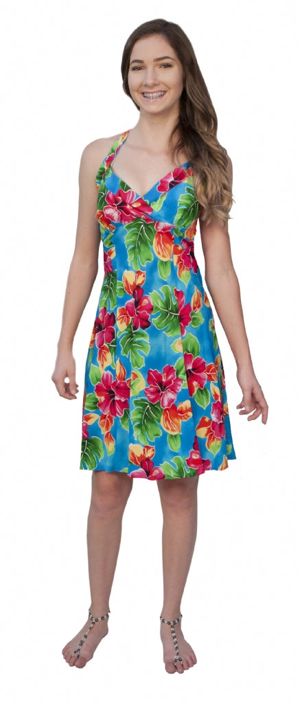 Hawaiian Watercolors Hawaiian Print Halter V Neck Dress Blue
