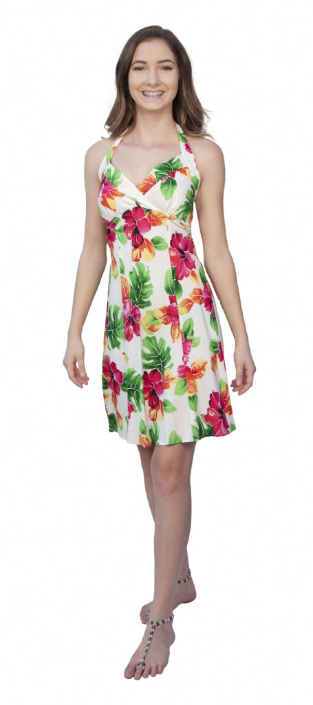 Hawaiian Watercolors Hawaiian Print Halter V Neck Dress in White