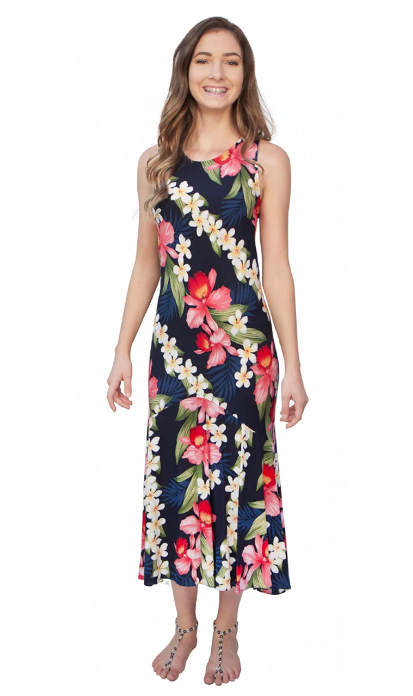 Plumeria Orchid Panel Tropical Print Long Tank Hawaiian Dress in