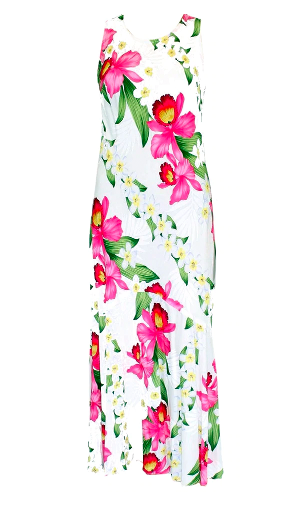 Plumeria Orchid Panel - Tropical Print Long Tank Hawaiian Dress in White