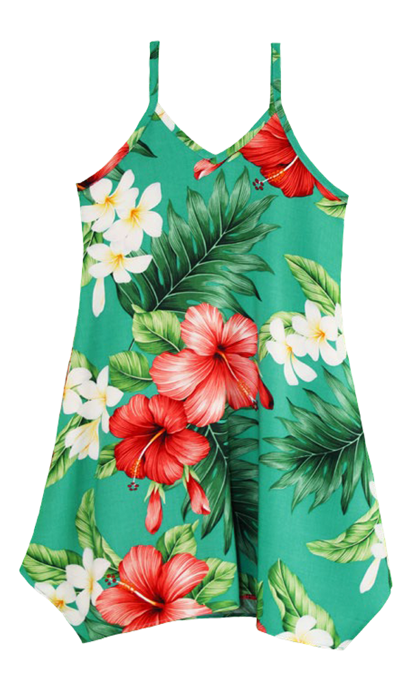 Hibiscus Tropics Girls V-Neck Scarf Hem Dress in Aqua