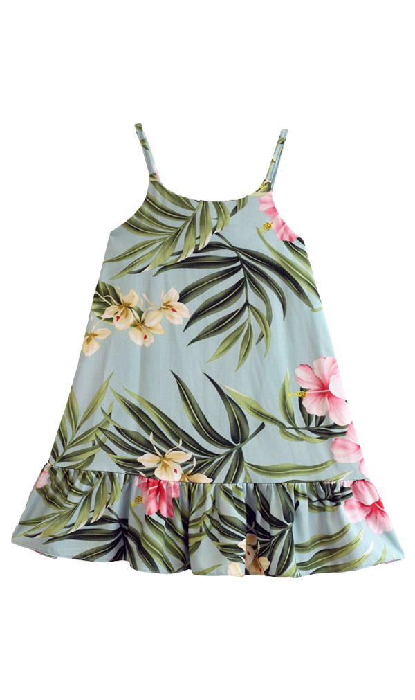 Pink Hibiscus Girls Sundress with Ruffle in Aqua