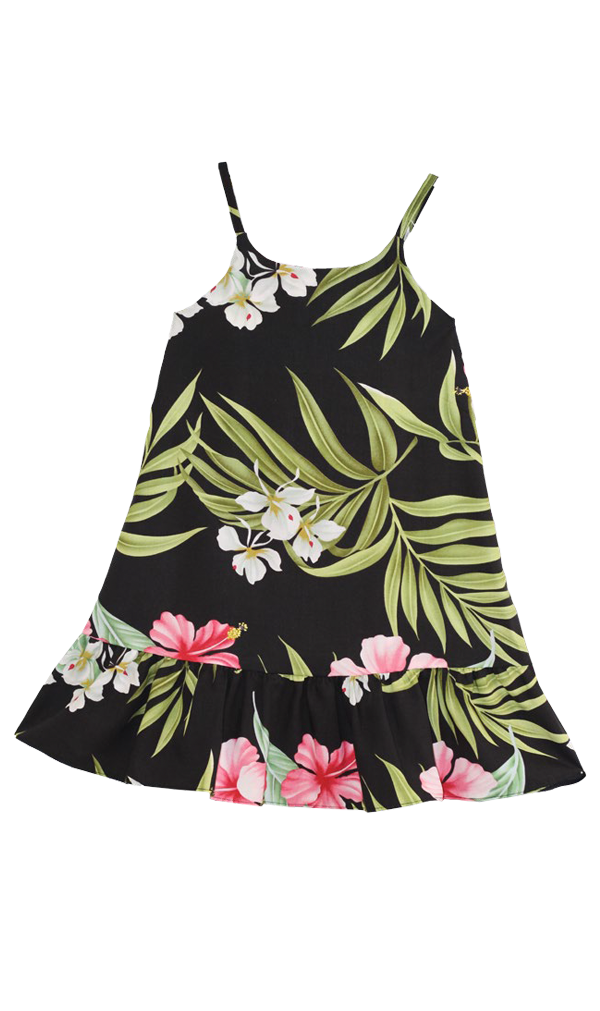 Pink Hibiscus Girls Sundress with Ruffle in Black