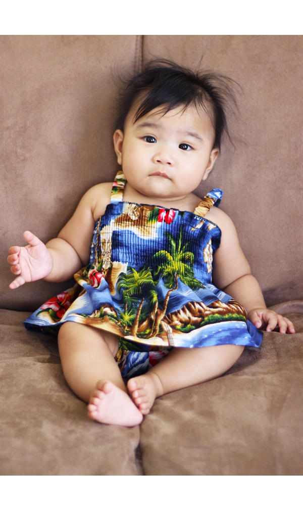 Palm Isle Infant Toddler Tie Strap Smocked Dress in Navy